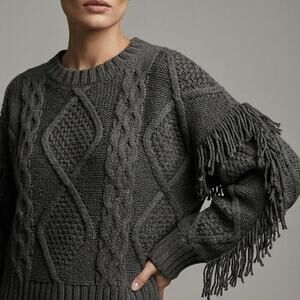 NWT $118 ANTHROPOLOGIE x LINE & DOT Charcoal Cable Knit Sweater with fringe S